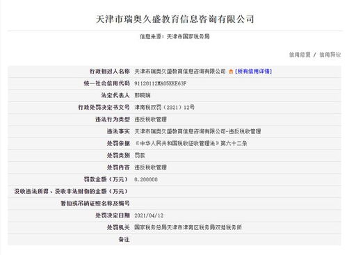 天津三家教育咨询公司因违反税收管理规定被处罚